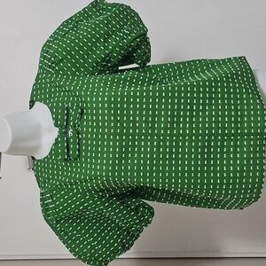 Green Puff Sleeve Blouse with White Pattern